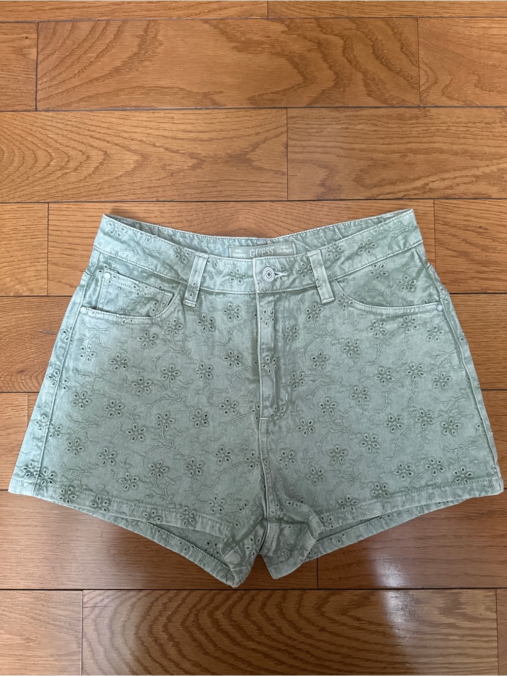 GUESS Mint Green Eyelet High-Waist Denim Shorts